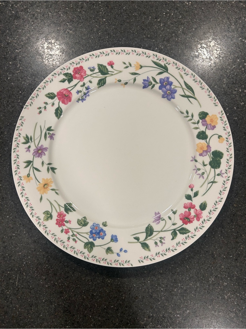 Farberware White Dinner Plate with Pink, Blue, Purple & Yellow Floral Border
